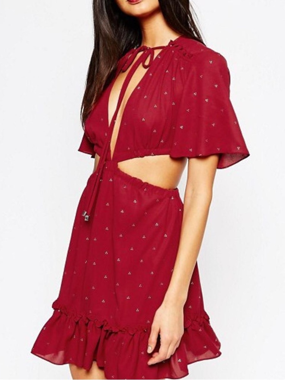 Bec & Bridge Cutout Mini Dress Short Flutter Sleeves Back Zip Printed Ruffled